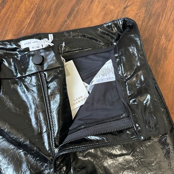 GOOD AMERICAN Faux Leather Pants Black Glossy Crackled HR Flare NWT - Picture 7 of 16